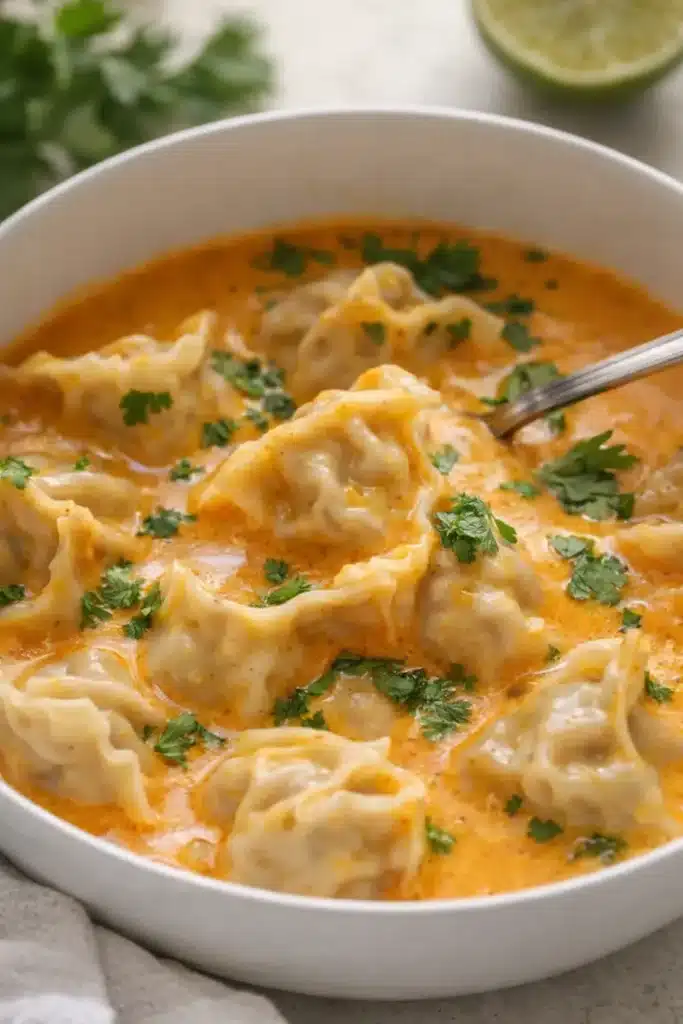 Creamy curry dumpling soup with coconut broth and cilantro