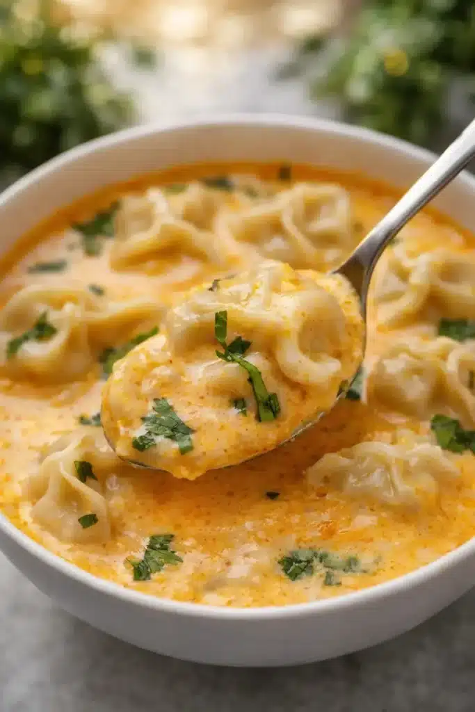 Spoon lifting dumpling from creamy curry dumpling soup with coconut broth