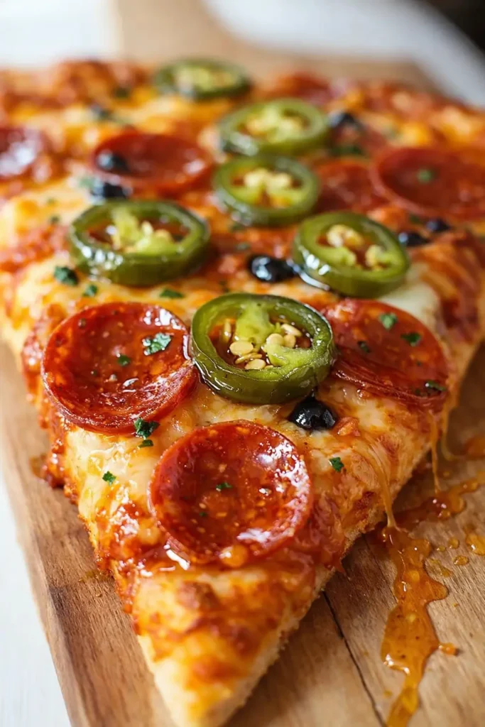 Delicious Hot Honey Flatbread Pizza: Sweet Heat for Dinner Nights 5 Delicious Hot Honey Flatbread Pizza slice with pepperoni, jalapeños, and honey drizzle