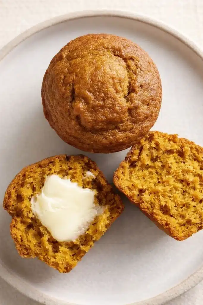 pumpkin muffins with melting butter on ceramic plate