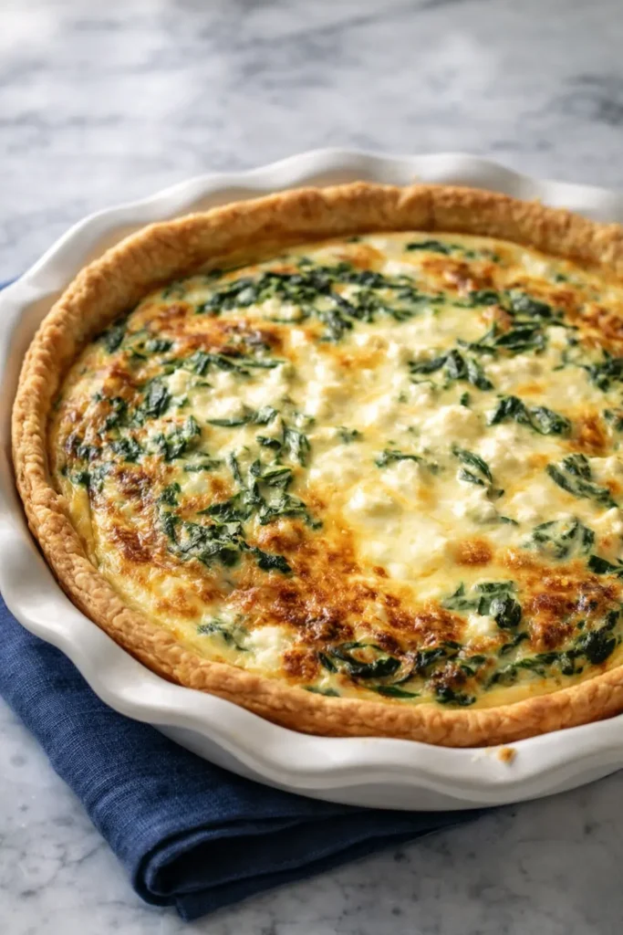Golden spinach feta quiche in white dish