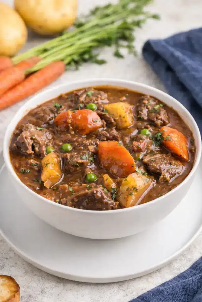 Hearty Dutch oven beef stew with carrots, potatoes, and peas in a white bowl
