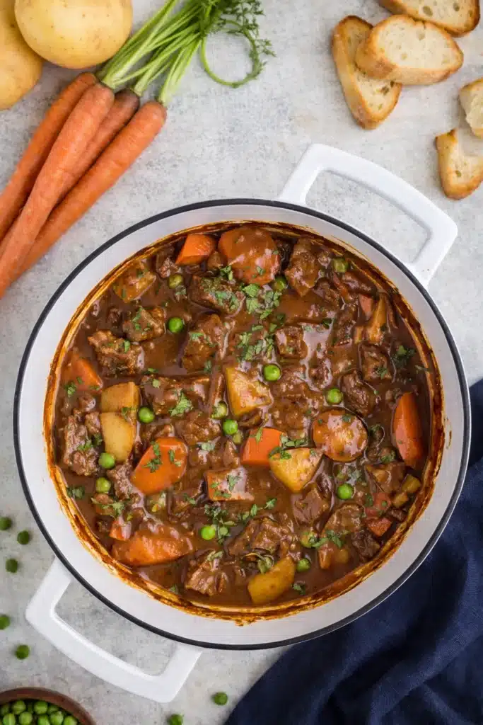 Dutch oven beef stew in white pot with carrots, potatoes