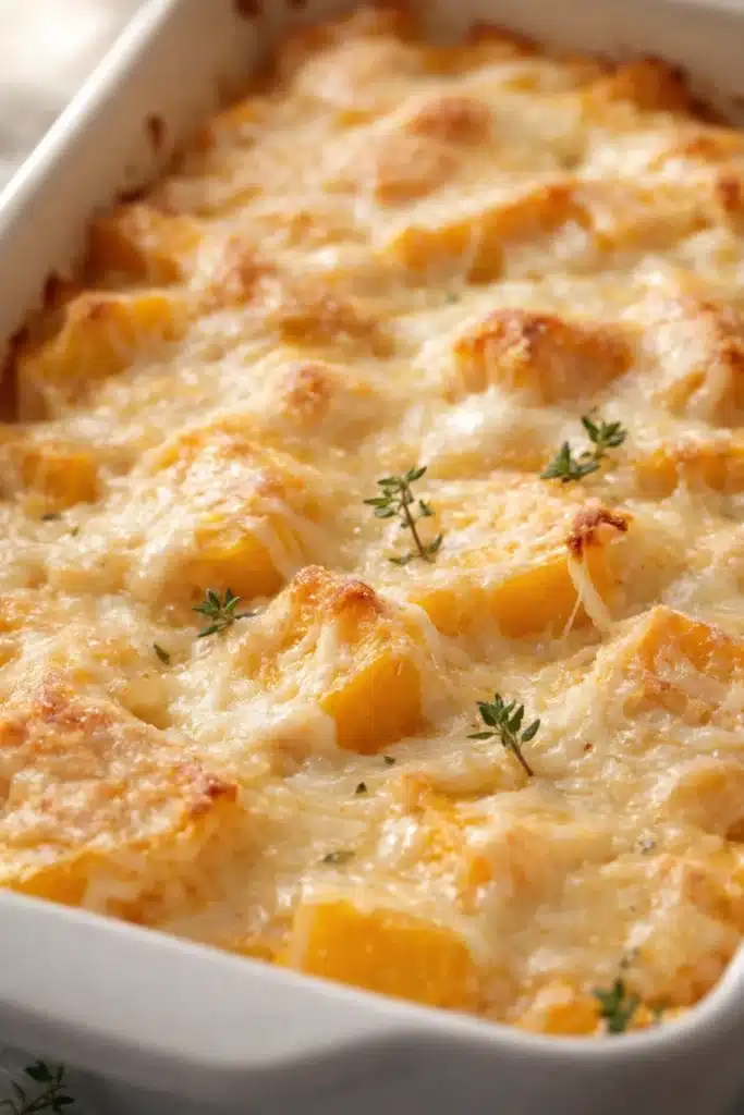 Golden butternut squash casserole fresh from the oven with melted cheese