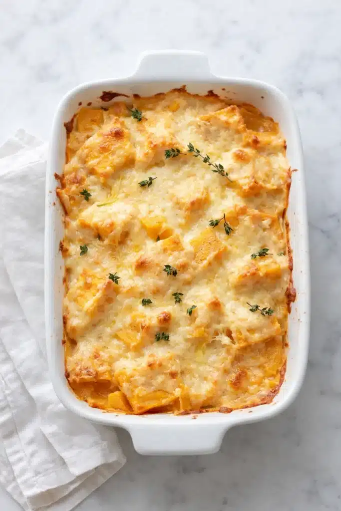Golden butternut squash casserole topped with cheese and thyme in white baking dish