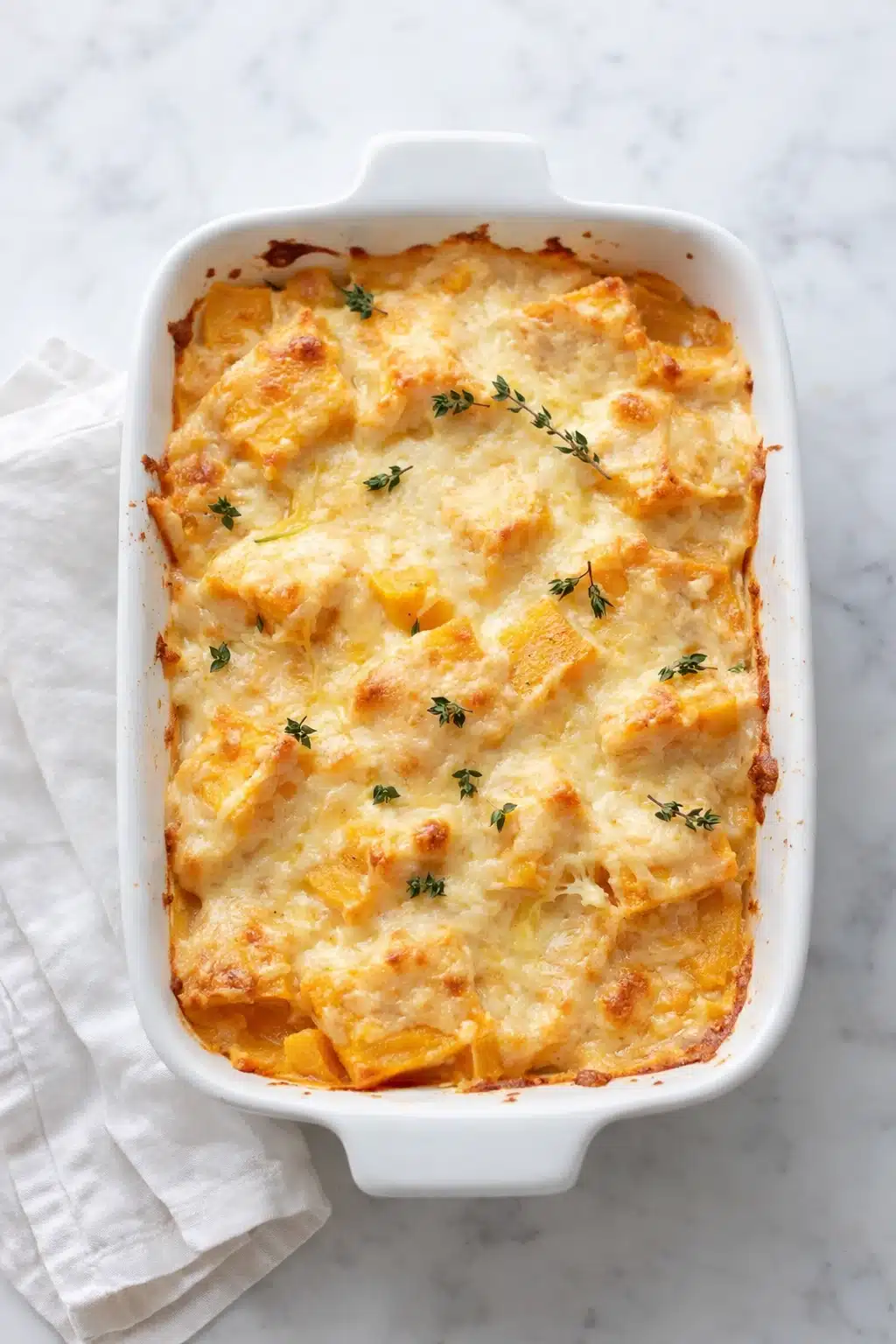 Golden butternut squash casserole topped with cheese and thyme in white baking dish