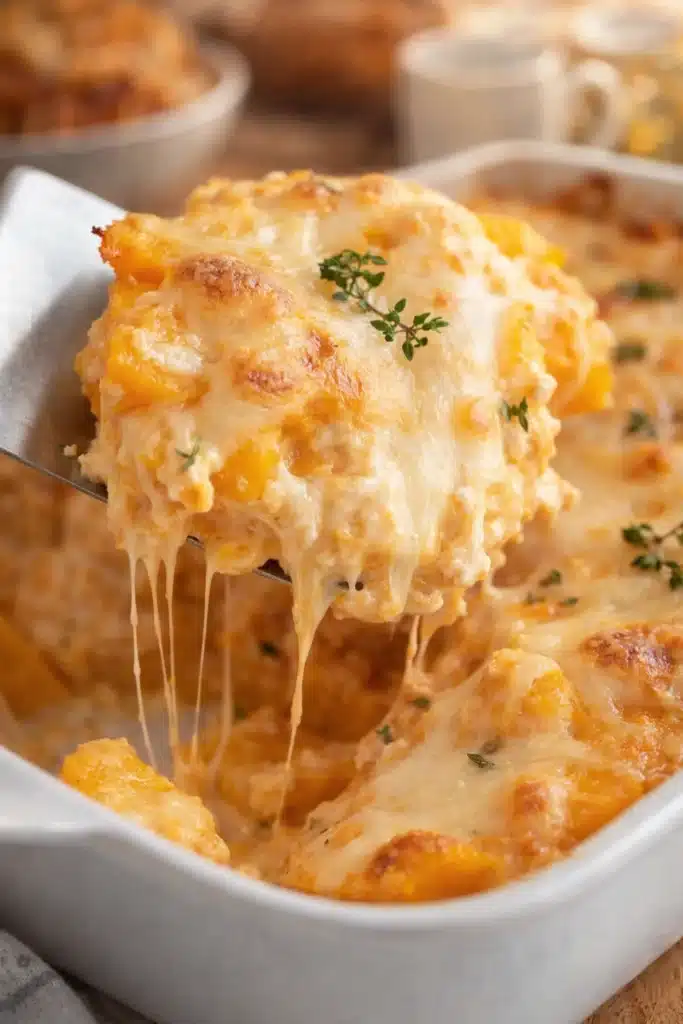 Cheesy butternut squash casserole scoop with melted cheese strands