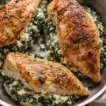 Golden chicken breasts stuffed with creamy spinach and feta in a skillet