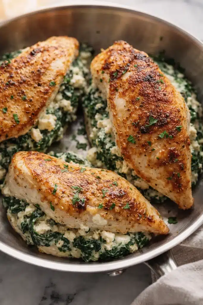 Golden chicken breasts stuffed with creamy spinach and feta in a skillet
