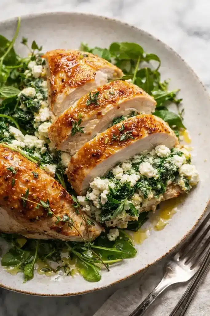 Sliced chicken breast stuffed with creamy spinach and feta on a plate