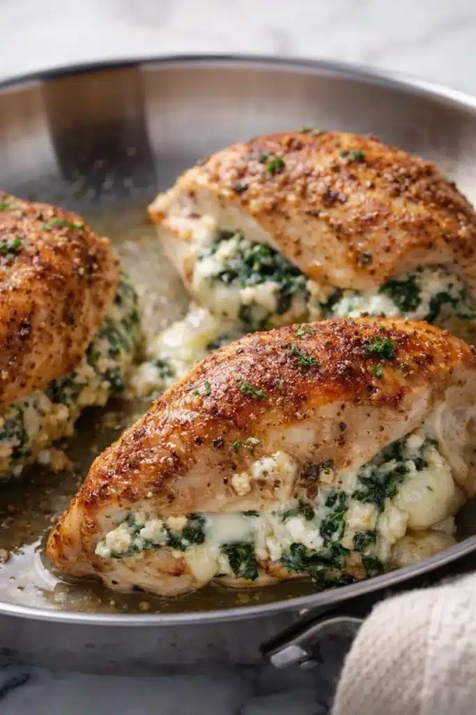 Golden seared chicken breasts stuffed with creamy spinach and feta in skillet