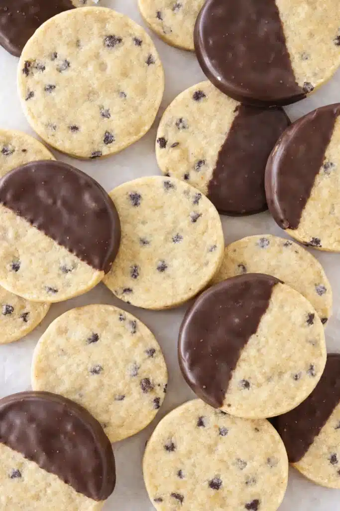 Easy Chocolate Chip Shortbread | Simple & Delicious Cookies 5 Top view of easy chocolate chip shortbread cookies half-dipped in chocolate