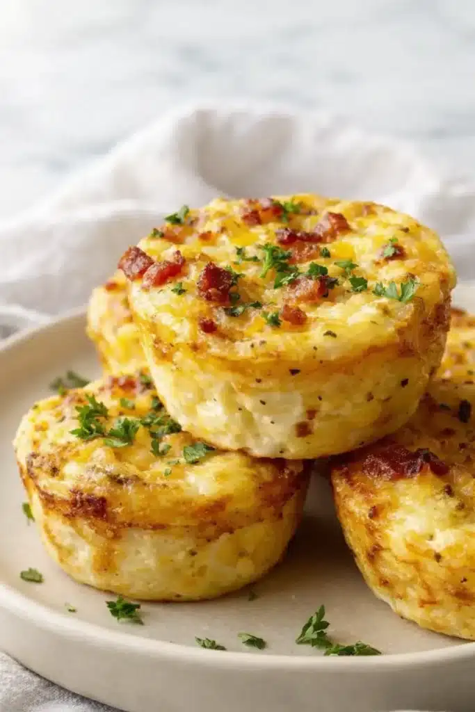 Easy Cottage Cheese Egg Bites | Quick Creamy Breakfast 5 Golden cottage cheese egg bites stacked on a plate with bacon and parsley