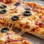 Easy Greek yogurt pizza with melted cheese and black olives