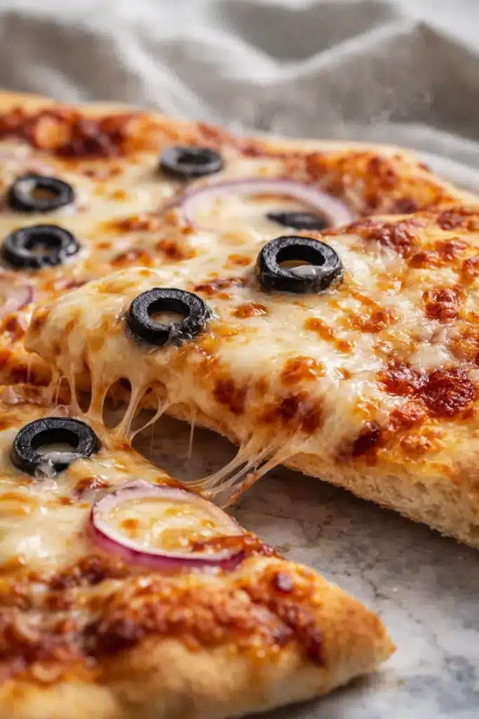 Easy Greek yogurt pizza with melted cheese and black olives