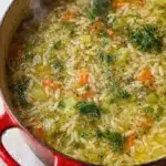 Easy orzo leek and dill soup with carrots and fresh herbs in a red pot