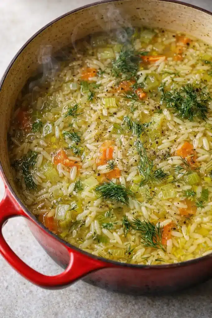 Easy orzo leek and dill soup with carrots and fresh herbs in a red pot