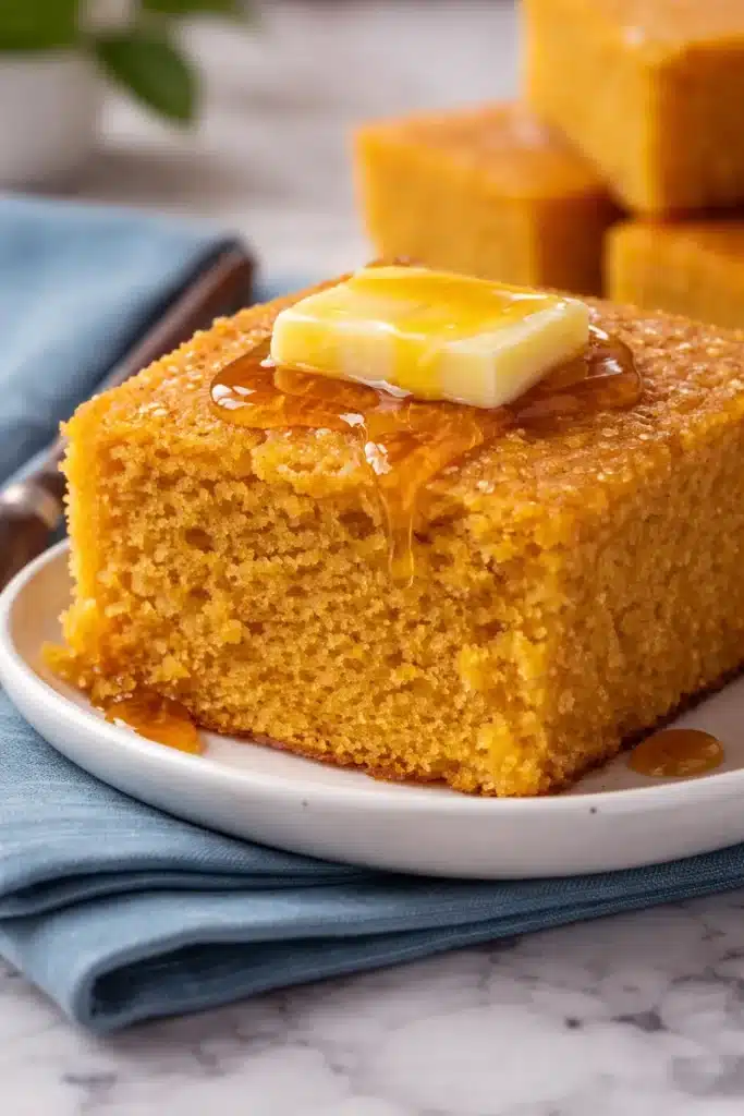 Easy Sweet Potato Cornbread Recipe | Cozy Breakfast Bake 6 Moist sweet potato cornbread slice with melting butter on top