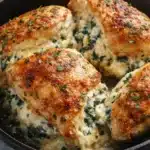 Golden crispy Boursin stuffed chicken breasts with spinach in skillet