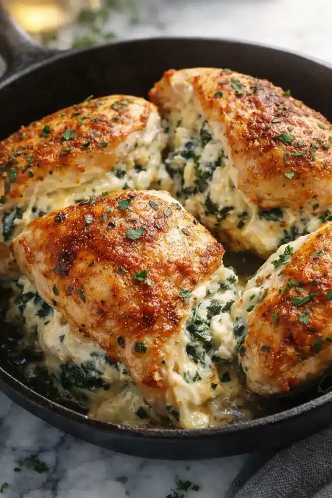 Golden crispy Boursin stuffed chicken breasts with spinach in skillet