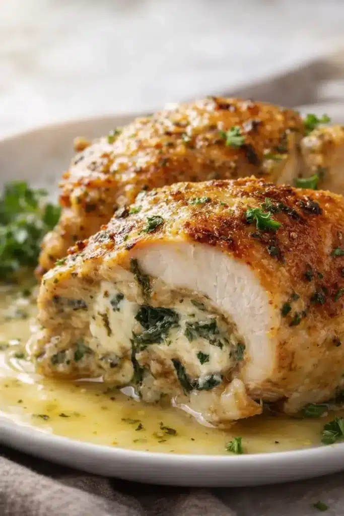  Sliced Boursin stuffed chicken breast with creamy spinach and buttery sauce