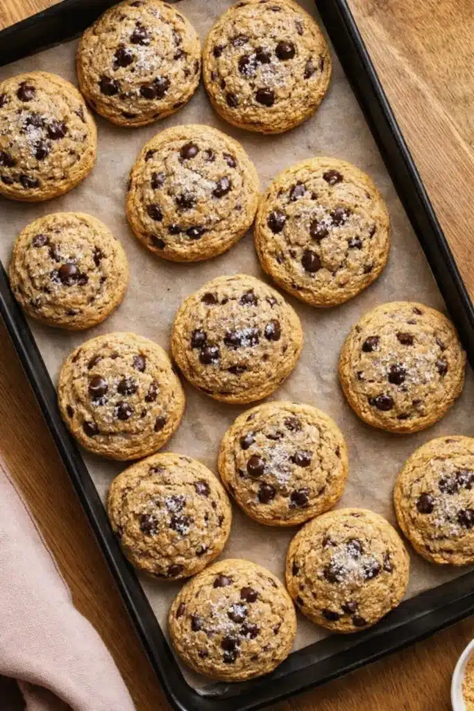 Tray of fluffy almond flour coconut sugar cookies with chocolate chips and sea salt