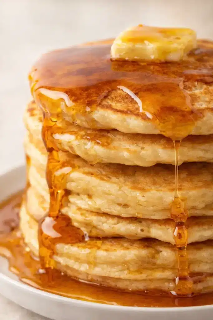 Stack of fluffy pancakes with syrup and butter on a white plate