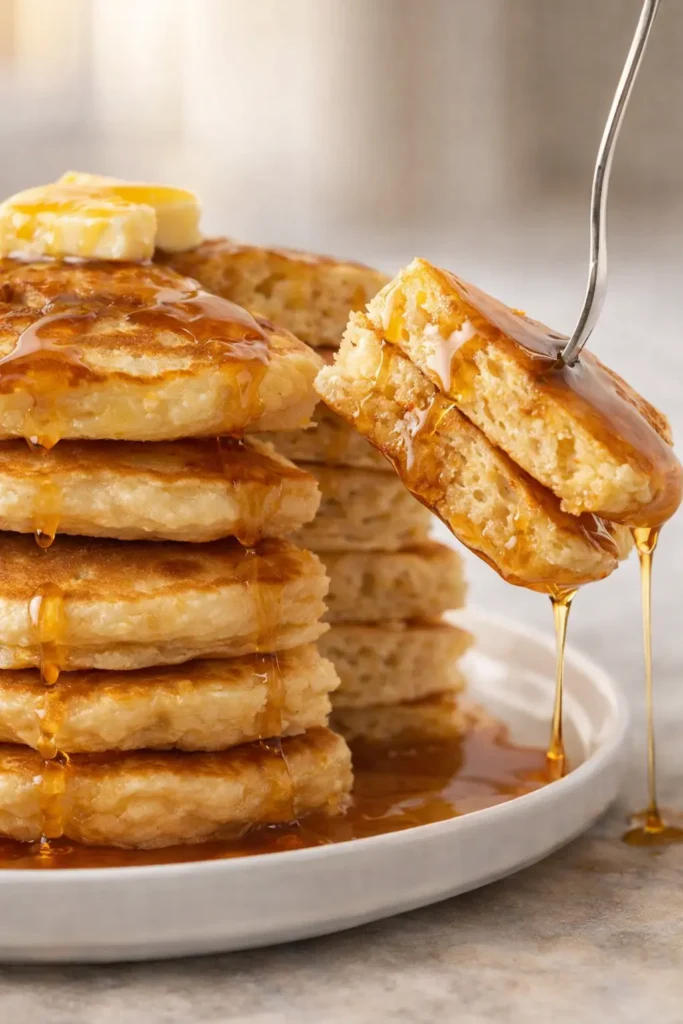 Fluffy pancakes with syrup and butter, fork lifting a bite