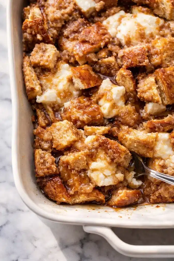 Baked cream cheese French toast casserole fresh from the oven