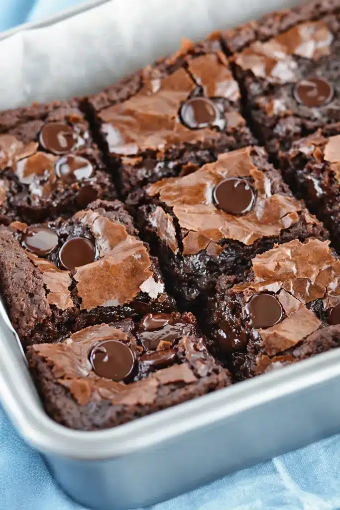 Fudgy gluten-free brownies sliced in pan with melted chocolate chips