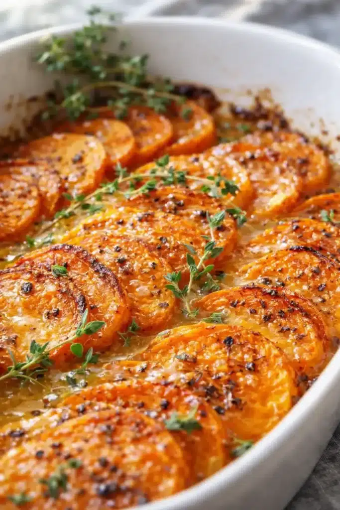 Garlic butter sweet potato bake with thyme and golden caramelized edges
