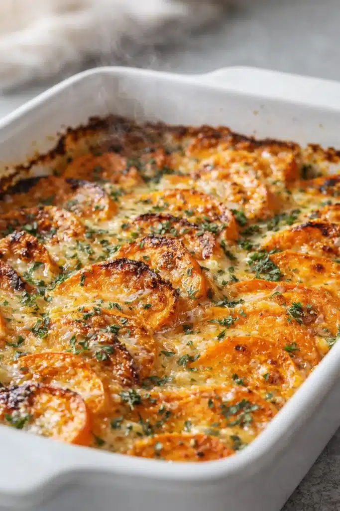 Garlic butter sweet potato bake with golden cheesy crust in white dish