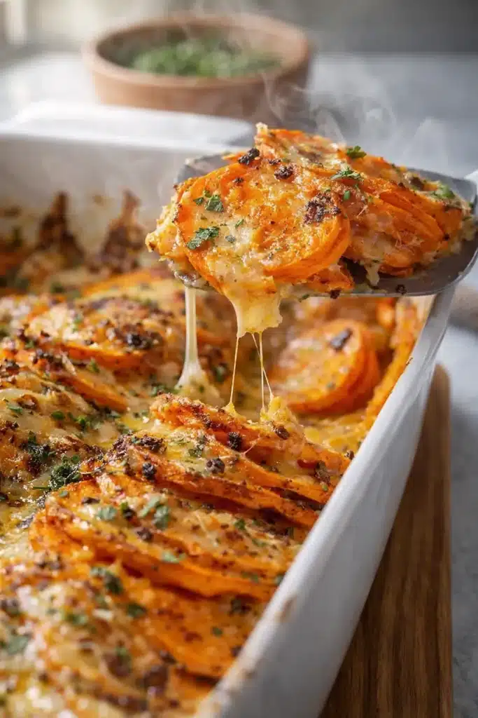 Garlic butter sweet potato bake with melted cheese and herbs in white dish