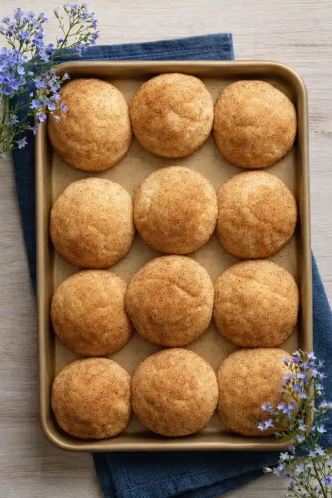 Golden-brown German Snickerdoodles on baking tray with cinnamon-sugar coating