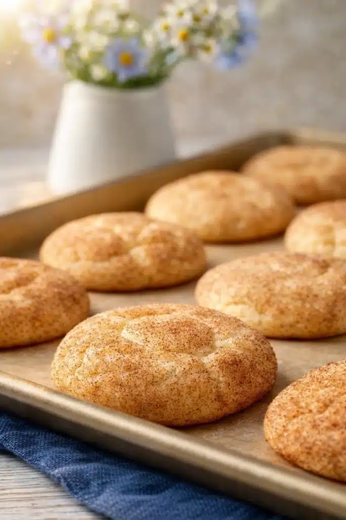 Freshly baked German Snickerdoodles on tray with dark blue napkin
