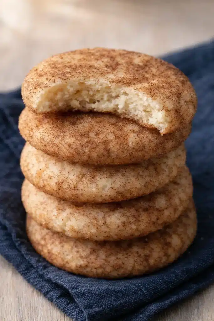 Stack of German Snickerdoodles with bite taken out on dark blue napkin