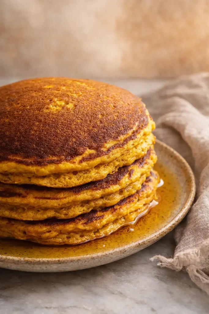 Gilmore Girls Pumpkin Pancakes – Cozy, Fluffy & Delicious 5 Stack of Gilmore Girls Luke’s Pumpkin Pancakes on ceramic plate with syrup
