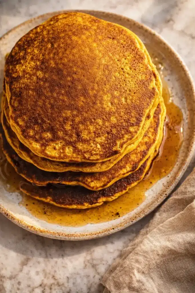 Gilmore Girls Pumpkin Pancakes – Cozy, Fluffy & Delicious 6 Top view of Gilmore Girls Luke’s Pumpkin Pancakes with syrup on rustic plate
