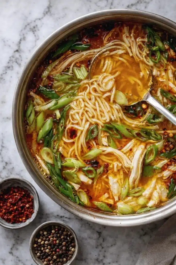 ginger garlic chicken noodle soup with noodles, chicken, and scallions