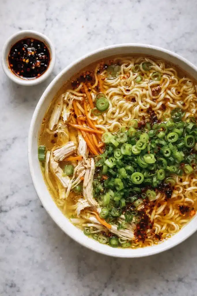 Bowl of ginger garlic chicken noodle soup with noodles, scallions, and chili oil