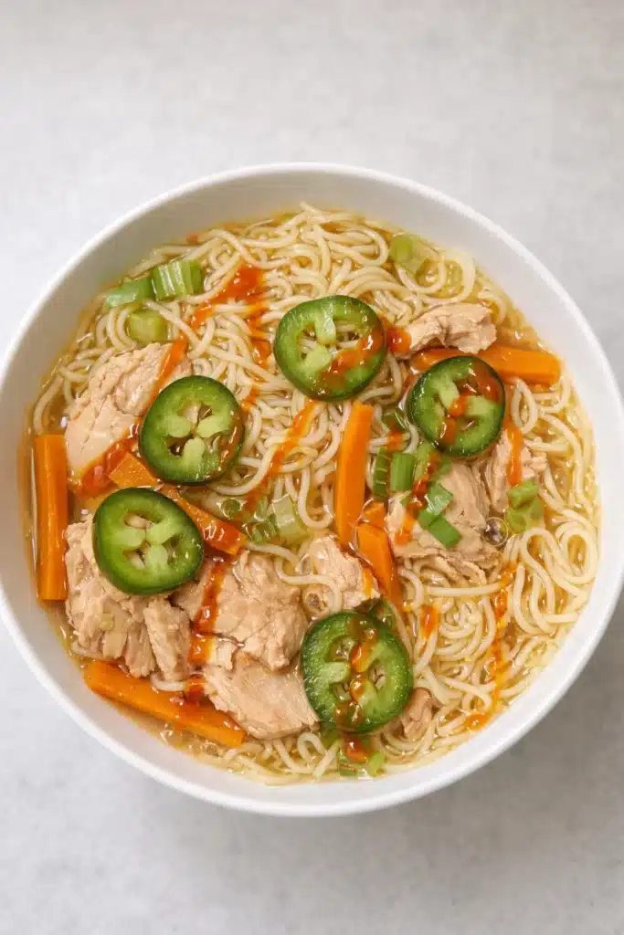 Ginger garlic chicken noodle soup with jalapeños, carrots, and chili oil