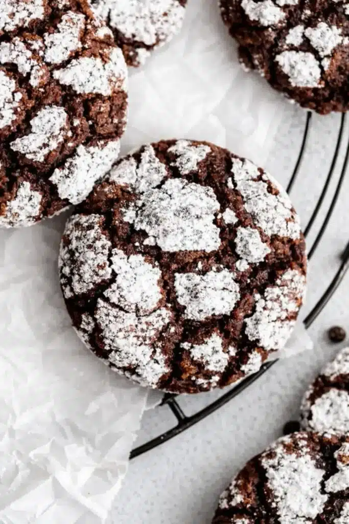 Top view of gluten free chocolate crinkle cookies on cooling rack