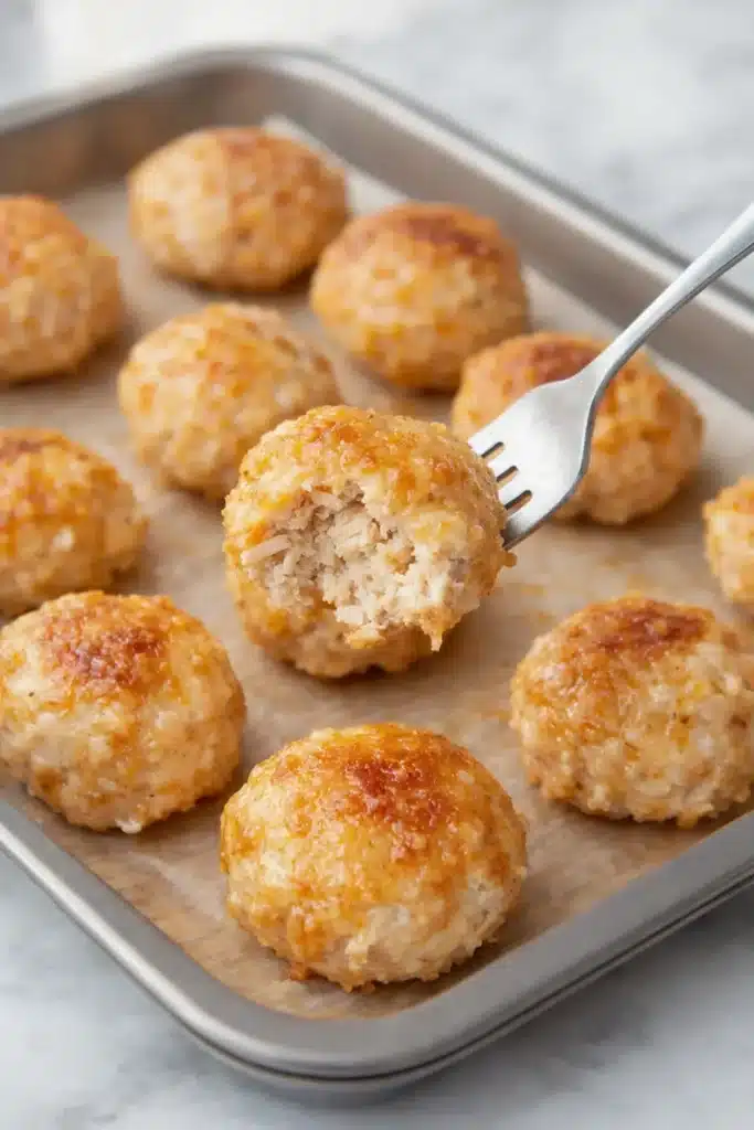 Baked ground chicken meatballs on tray with one pierced by fork