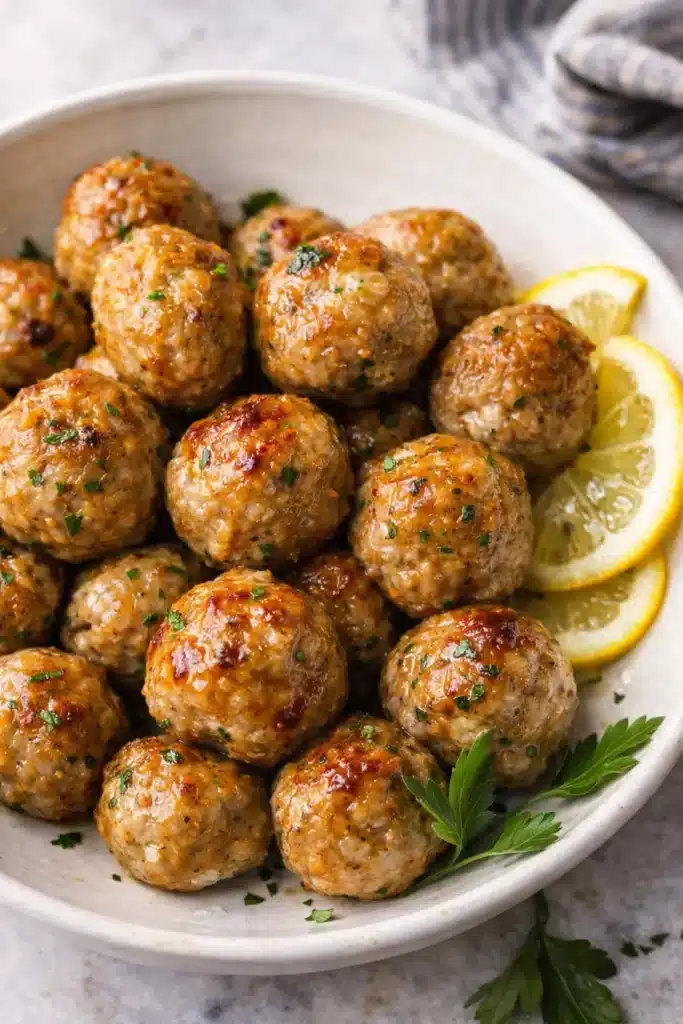 Baked turkey meatballs in a white bowl with parsley and lemon slices