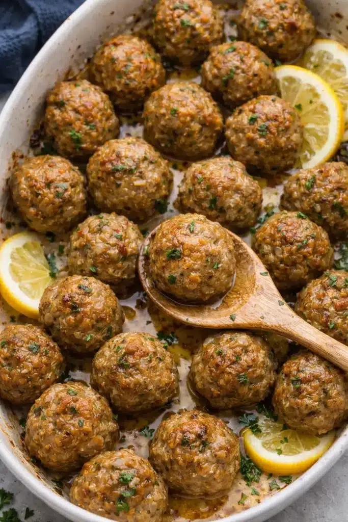 Baked turkey meatballs in a white dish with lemon and parsley