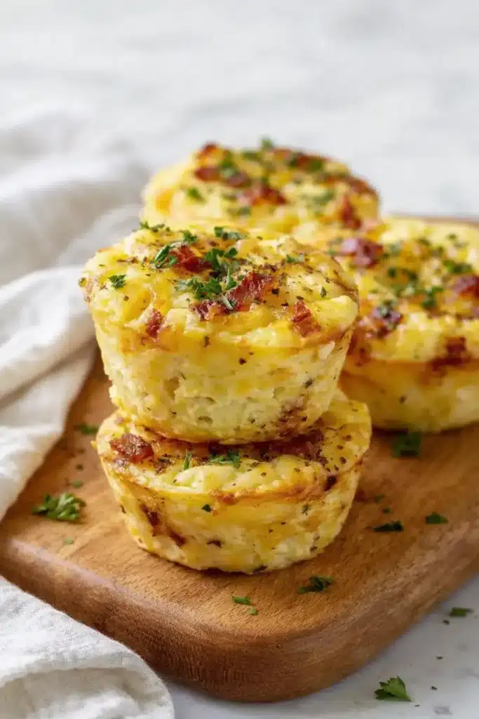 Easy Cottage Cheese Egg Bites | Quick Creamy Breakfast 6 Golden cottage cheese egg bites stacked on a wooden board with parsley and bacon