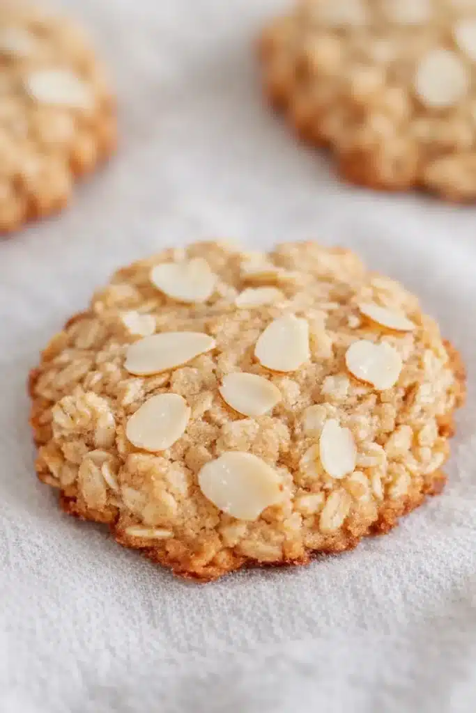 Golden sugar free oatmeal cookie with almond flour on soft linen background