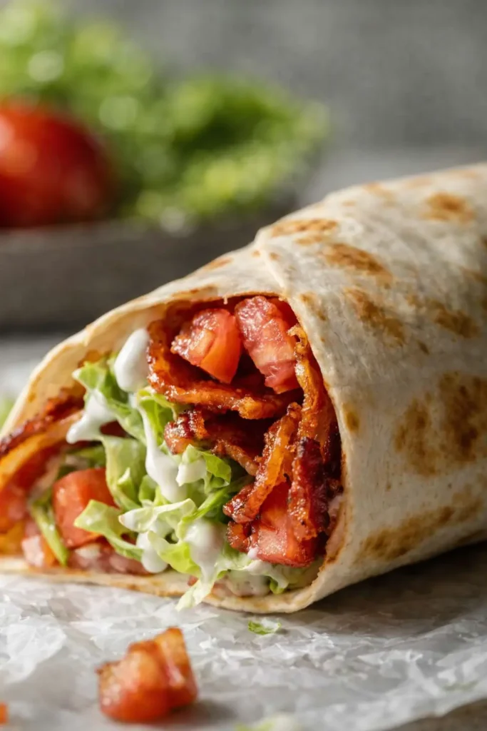 Gourmet BLT Wraps with Secret Sauce featuring crispy bacon, lettuce, tomato, and creamy dressing