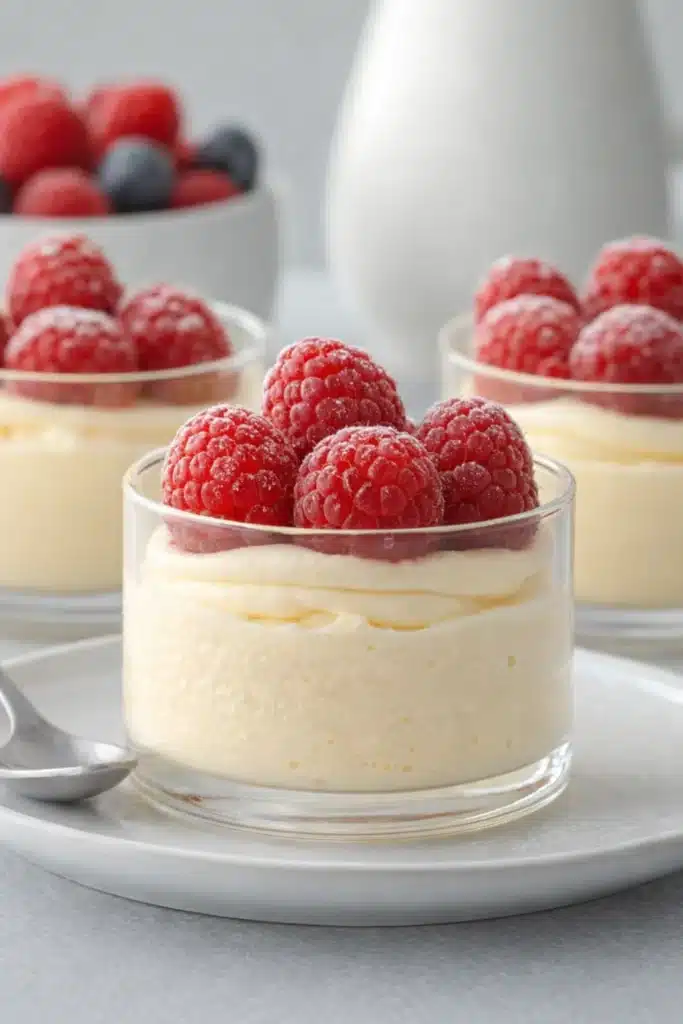 Greek Yogurt Dessert: A Light, Creamy, No-Bake Treat 5 Creamy Greek yogurt mousse with raspberries in glass cups