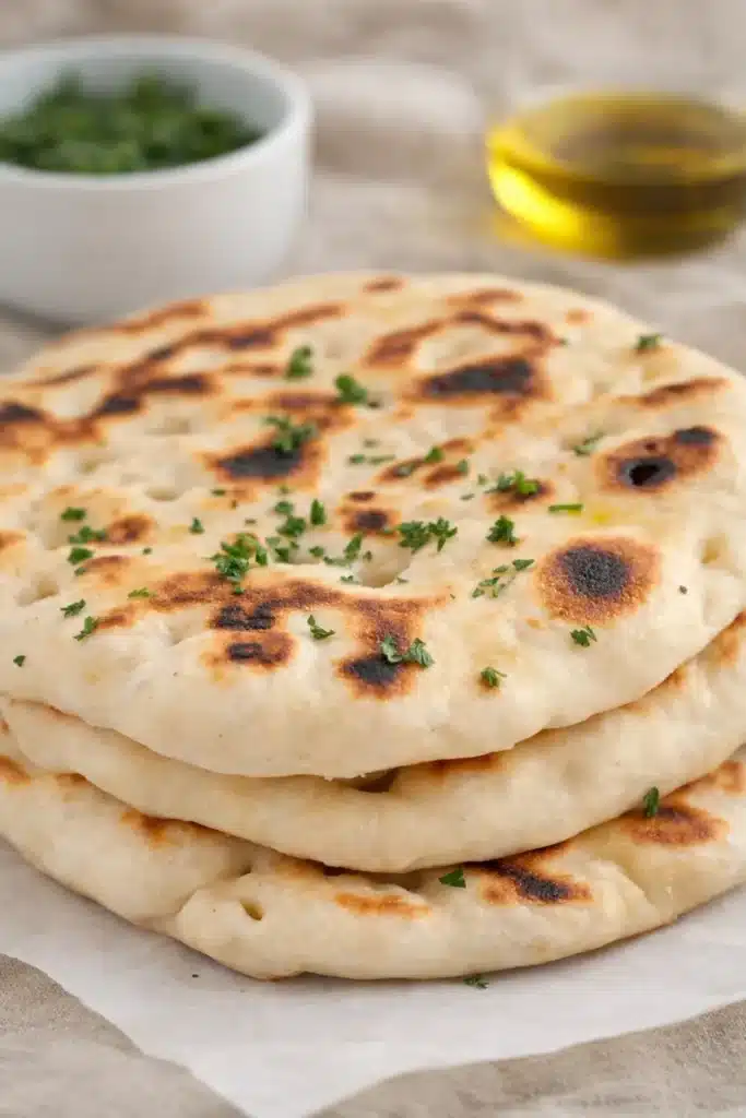 Stack of golden Greek yogurt naan with herbs on marble surface